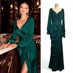 LaDivine Wrap-Effect Emerald Satin Gown 10 Formal Wedding Christmas Gala Glam